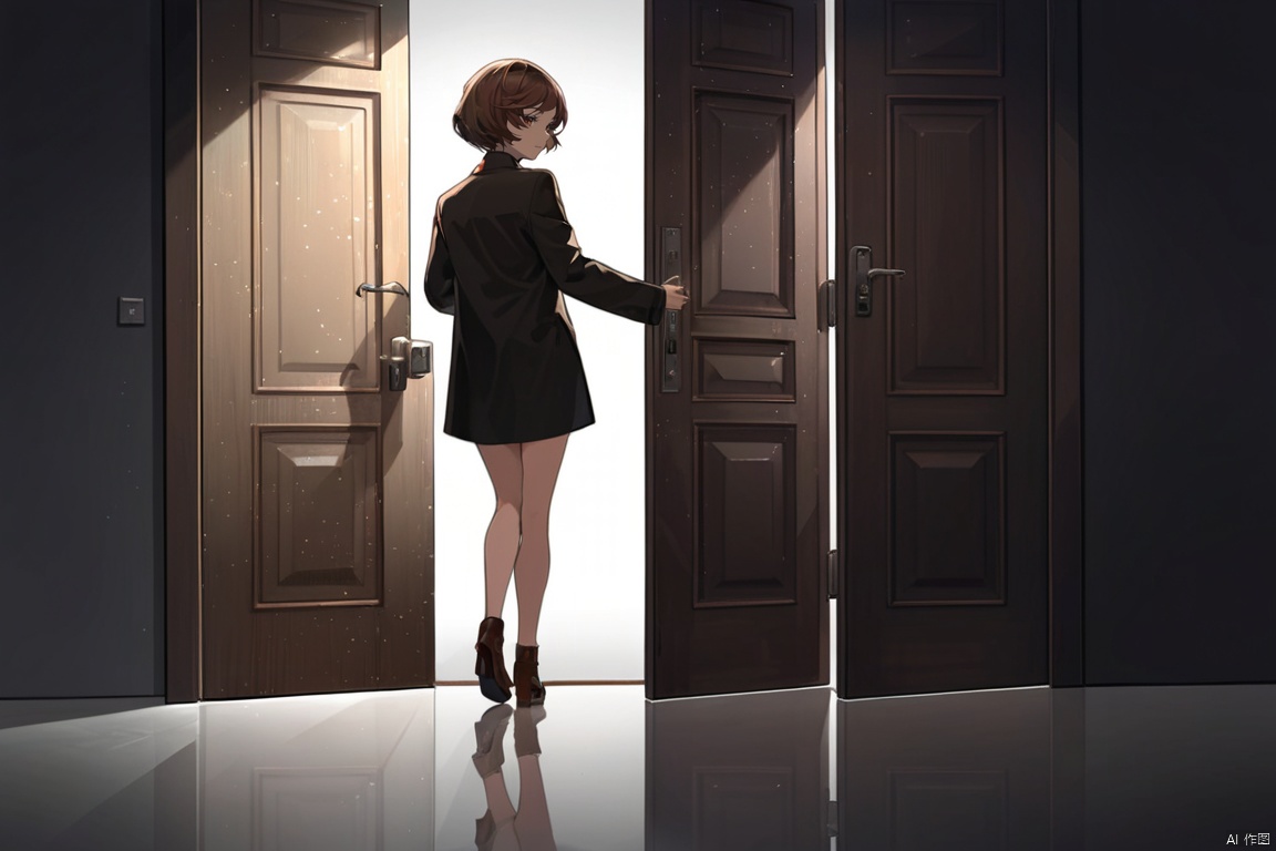  (best quality), ((masterpiece)), (highres), illustration, original, extremely detailed,ccc, 1girl, solo, short hair, looking back, holding, door, long sleeves, jacket, standing, looking at viewer, brown hair, reflective floor, skirt, black jacket