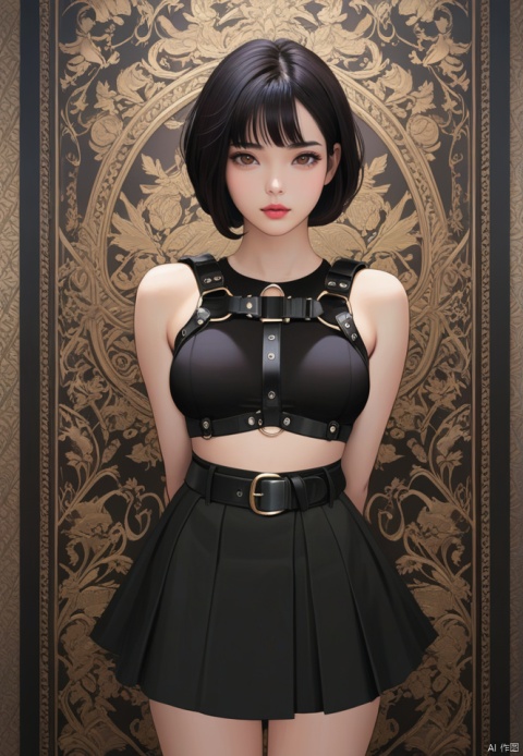 (best quality), ((masterpiece)), (highres), illustration, original, extremely detailed wallpaper.1girl, solo, black hair, short hair, arms behind back, looking at viewer, skirt, breasts, brown eyes, belt, medium breasts, lips, harness, simple background, black skirt