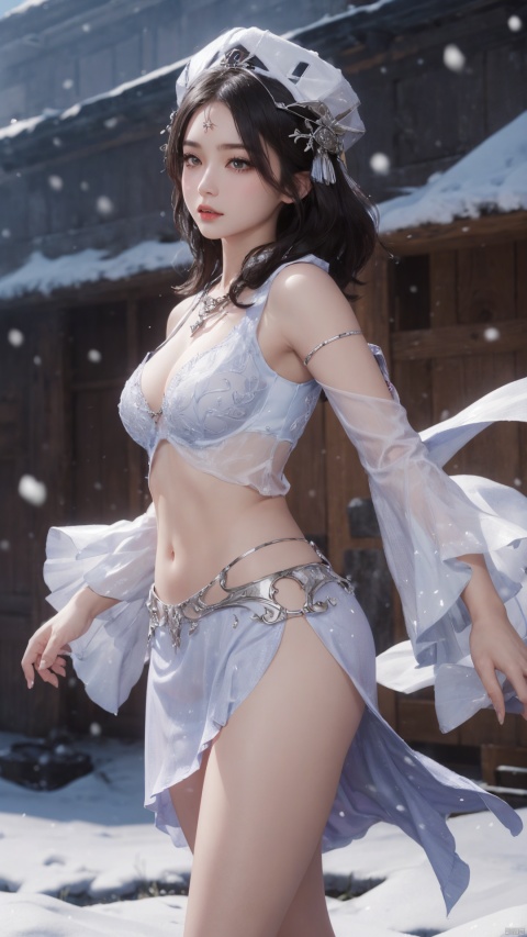  1girl,,head ornament,black stockings,,,,,,,ray tracing,{best quality}, {{masterpiece}}, {highres}, original, extremely detailed 8K wallpaper, {an extremely delicate and beautiful},,incredibly_absurdres,colorful,intricate detail,,,,,,,,,,,,,,snowflakes,falling_snow,snowing,shawl,white shawl,cleavage, ,,,,,,,,,,,,,, , , , , , ,WZRYyaoZMCLY, 1girl, solo, black hair, jewelry,midriff, black eyes, hat, lips, detached sleeves,necklace, looking at viewer,dress,clothing cutout,wide sleeves, looking at viewer, mature female, Honor of kings ,Xi shi