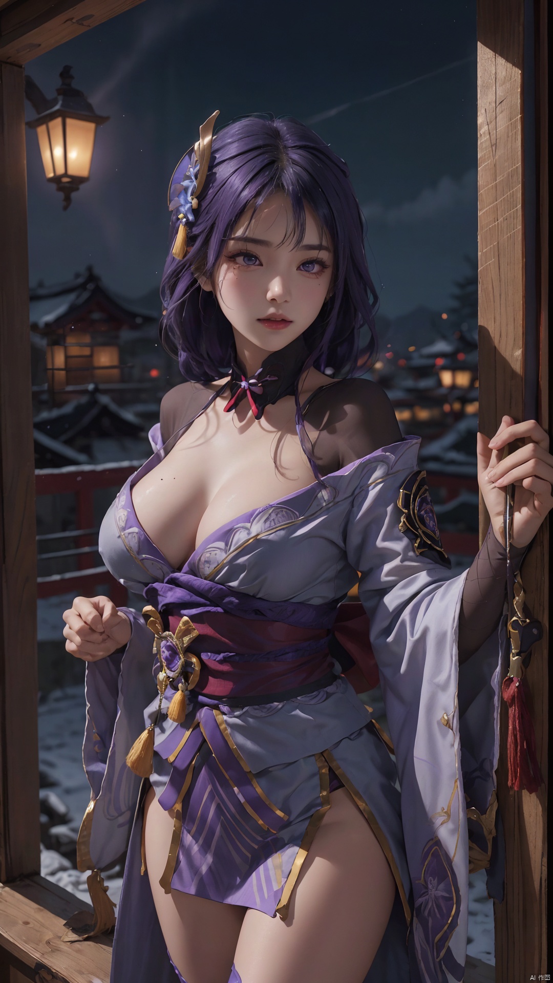  1girl,(cleavage), solo, long hair, breasts, looking at viewer, bangs, large breasts, hair ornament, thighhighs, long sleeves, ribbon, cleavage, closed mouth, purple eyes, purple hair, braid, flower, cowboy shot, japanese clothes, black thighhighs, indoors, hair flower, wide sleeves, kimono, mole, lips, sash, mole under eye, obi, tassel, purple flower, shrug \(clothing\), purple kimono, obijime, obiage, raiden shogun, raidenshogundef,,,,,,,,,,,,,sexy,ray tracing,{best quality}, {{masterpiece}}, {highres}, original, extremely detailed 8K wallpaper, {an extremely delicate and beautiful},,incredibly_absurdres,colorful,intricate detail,backlight,lens flare,foreshortening,dynamic angle,high saturation,, Light master