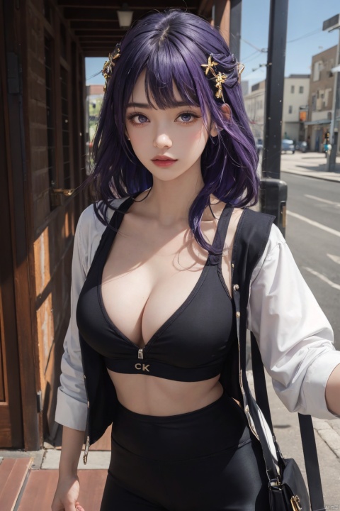 1girl,solo,yoga pants,black yoga black, hair ornament,waistcoat,undershirt,cowboy shot,purple hair, (cleavage),,,(from front),,,,,,,,,,,,,,,,, ray tracing, {best quality}, {{masterpiece}}, {highres}, original, extremely detailed 8K wallpaper, {an extremely delicate and beautiful}, , incredibly_absurdres, colorful, intricate detail,