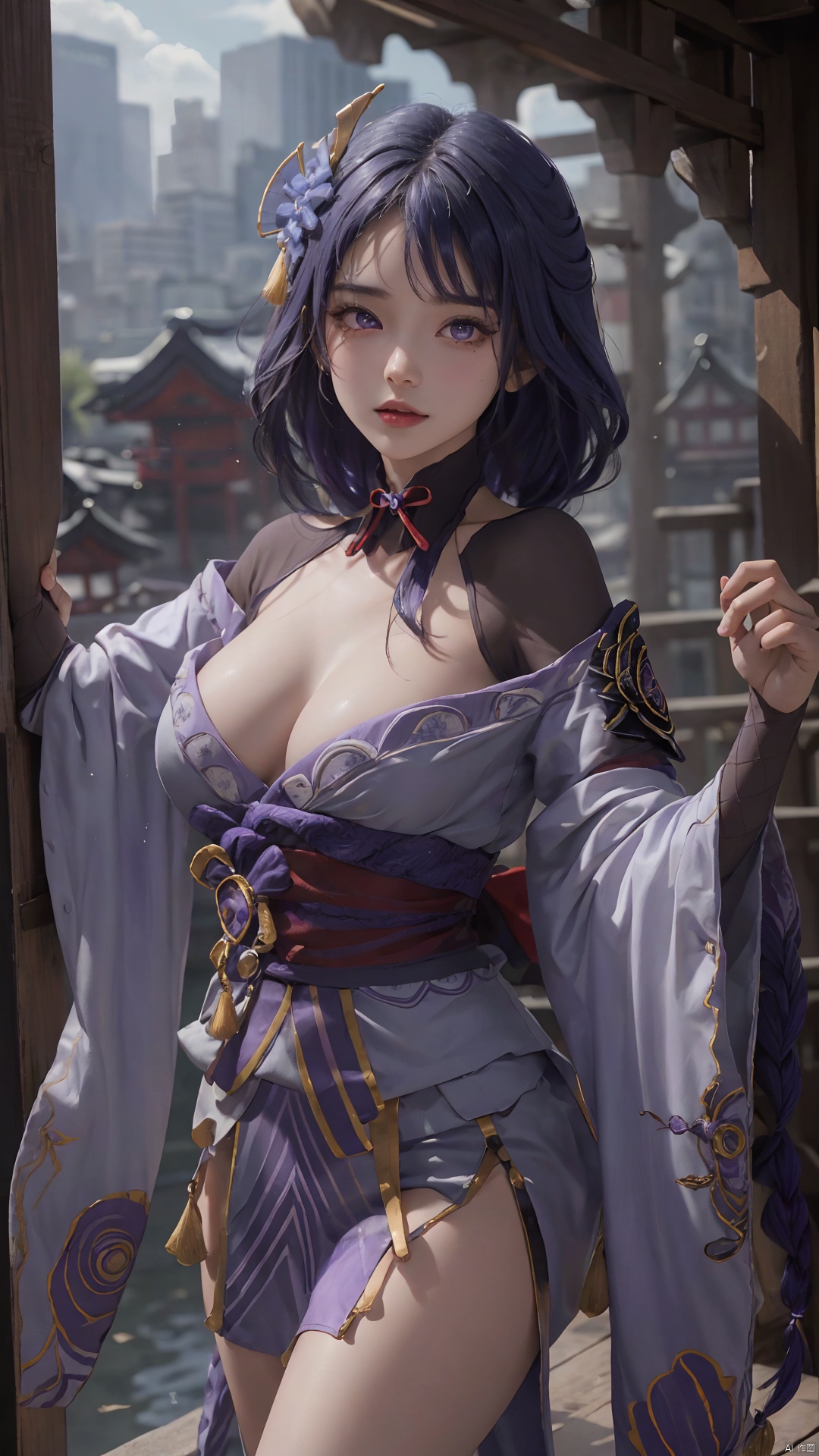 1girl,(cleavage), solo, long hair, breasts, looking at viewer, bangs, large breasts, hair ornament, thighhighs, long sleeves, ribbon, cleavage, closed mouth, purple eyes, purple hair, braid, flower, japanese clothes, black thighhighs, indoors, hair flower, wide sleeves, kimono, mole, lips, sash, mole under eye, obi, tassel, purple flower, shrug \(clothing\), purple kimono, obijime, obiage, raiden shogun, raidenshogundef,,,,,,,,,,,,,sexy,ray tracing,{best quality}, {{masterpiece}}, {highres}, original, extremely detailed 8K wallpaper, {an extremely delicate and beautiful},,incredibly_absurdres,colorful,intricate detail,backlight,lens flare,foreshortening,dynamic angle,high saturation,, Light master