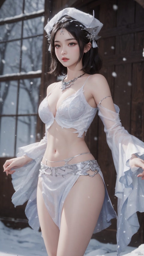 1girl,,head ornament,black stockings,,,,,,,ray tracing,{best quality}, {{masterpiece}}, {highres}, original, extremely detailed 8K wallpaper, {an extremely delicate and beautiful},,incredibly_absurdres,colorful,intricate detail,,,,,,,,,,,,,,snowflakes,falling_snow,snowing,shawl,white shawl,cleavage, ,,,,,,,,,,,,,, , , , , , ,WZRYyaoZMCLY, 1girl, solo, black hair, jewelry,midriff, black eyes, hat, lips, detached sleeves,necklace, looking at viewer,dress,clothing cutout,wide sleeves, looking at viewer, mature female, Honor of kings ,Xi shi