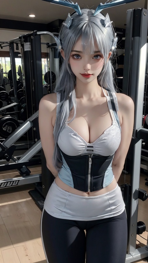  1girl,solo,yoga pants,black yoga pants, hair ornament,cowboy shot,hair, (cleavage),,(from front),,,,,navel,,,,gym,,corset,,,Fitness Room,,,,Pale blue horn,,,,,(arms behind back:1.1),,hidden hands,,,,,,,(open pose:1.3),,,,,,,,,,,,,,,,,,,,,,, ray tracing, {best quality}, {{masterpiece}}, {highres}, original, extremely detailed 8K wallpaper, {an extremely delicate and beautiful}, , incredibly_absurdres, colorful, intricate detail,,,,,,,,,,,,,,,,,,,,, , blurry