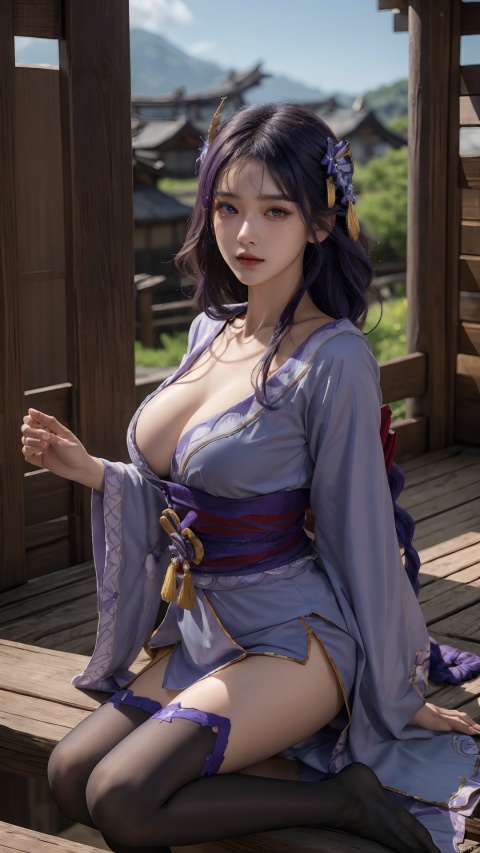  1girl,(cleavage), solo, long hair, breasts, looking at viewer, bangs, large breasts, hair ornament, thighhighs, long sleeves, ribbon, cleavage, closed mouth, purple eyes, purple hair, braid, flower, japanese clothes, black thighhighs, indoors, hair flower, wide sleeves, kimono, mole, lips, sash, mole under eye, obi, tassel, purple flower, shrug \(clothing\), purple kimono, obijime, obiage, raiden shogun, raidenshogundef,,,,,,,,,,,,,sexy,ray tracing,{best quality}, {{masterpiece}}, {highres}, original, extremely detailed 8K wallpaper, {an extremely delicate and beautiful},,incredibly_absurdres,colorful,intricate detail,backlight,lens flare,foreshortening,dynamic angle,high saturation,, Light master,