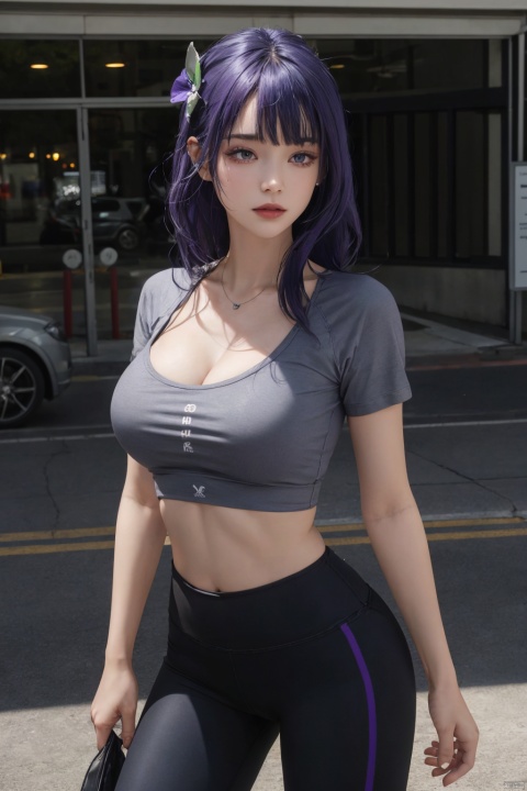  1girl,solo,yoga pants,black yoga pants, hair ornament,cowboy shot,purple hair, (cleavage),,grey T-shirt,(from front),,,,,navel,,,open bodysuit,,,,,,,,, ray tracing, {best quality}, {{masterpiece}}, {highres}, original, extremely detailed 8K wallpaper, {an extremely delicate and beautiful}, , incredibly_absurdres, colorful, intricate detail,T-shirt