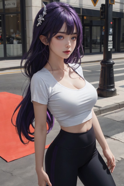  1girl,solo,yoga pants,black yoga pants, hair ornament,waistcoat,undershirt,cowboy shot,purple hair, (cleavage),,black T-shirt,(from front),,,,,,,,,,,,,,,,, ray tracing, {best quality}, {{masterpiece}}, {highres}, original, extremely detailed 8K wallpaper, {an extremely delicate and beautiful}, , incredibly_absurdres, colorful, intricate detail,T-shirt