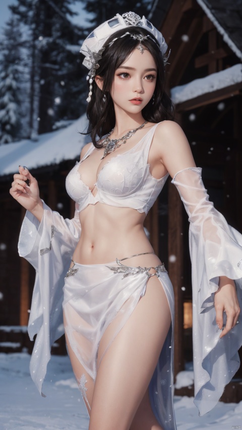 1girl,,head ornament,black stockings,,,,,,,ray tracing,{best quality}, {{masterpiece}}, {highres}, original, extremely detailed 8K wallpaper, {an extremely delicate and beautiful},,incredibly_absurdres,colorful,intricate detail,,,,,,,,,,,,,,snowflakes,falling_snow,snowing,shawl,white shawl,cleavage, ,,,,,,,,,,,,,, , , , , , ,WZRYyaoZMCLY, 1girl, solo, black hair, jewelry,midriff, black eyes, hat, lips, detached sleeves,necklace, looking at viewer,dress,clothing cutout,wide sleeves, looking at viewer, mature female, Honor of kings ,Xi shi