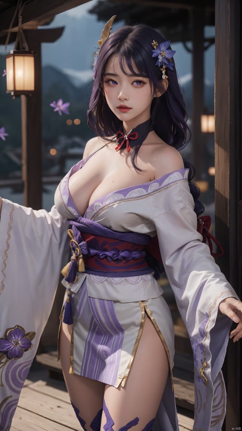  1girl, solo, long hair, breasts, looking at viewer, bangs, large breasts, hair ornament, thighhighs, long sleeves, ribbon, cleavage, closed mouth, purple eyes, purple hair, braid, flower, cowboy shot, japanese clothes, black thighhighs, indoors, hair flower, wide sleeves, kimono, mole, lips, sash, mole under eye, obi, tassel, purple flower, shrug \(clothing\), purple kimono, obijime, obiage, raiden shogun, raidenshogundef, Light master