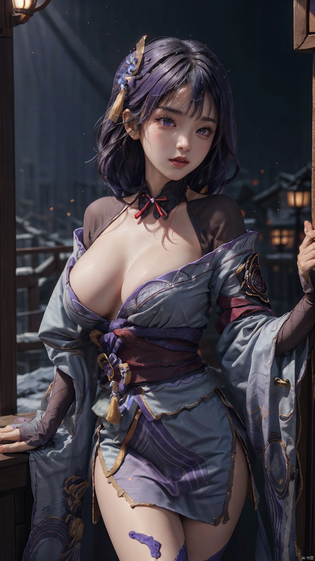 1girl,(cleavage), solo, long hair, breasts, looking at viewer, bangs, large breasts, hair ornament, thighhighs, long sleeves, ribbon, cleavage, closed mouth, purple eyes, purple hair, braid, flower, japanese clothes, black thighhighs, indoors, hair flower, wide sleeves, kimono, mole, lips, sash, mole under eye, obi, tassel, purple flower, shrug \(clothing\), purple kimono, obijime, obiage, raiden shogun, raidenshogundef,,,,,,,,,,,,,sexy,ray tracing,{best quality}, {{masterpiece}}, {highres}, original, extremely detailed 8K wallpaper, {an extremely delicate and beautiful},,incredibly_absurdres,colorful,intricate detail,backlight,lens flare,foreshortening,dynamic angle,high saturation,, Light master, hand101