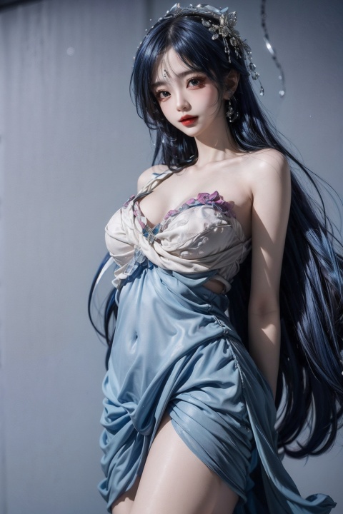  beautiful girl,breasts, girl, dress, body(blue hair,thighs,arms behind back:1.2)depth_of_field, blurry_background,large breasts,glint, 1girl, wanying