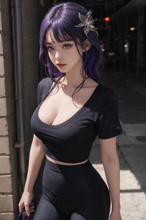  1girl,solo,yoga pants,black yoga pants, hair ornament,waistcoat,undershirt,cowboy shot,purple hair, (cleavage),,black T-shirt,(from front),,bare shoulder,,,,,,,,,,,,,,, ray tracing, {best quality}, {{masterpiece}}, {highres}, original, extremely detailed 8K wallpaper, {an extremely delicate and beautiful}, , incredibly_absurdres, colorful, intricate detail,T-shirt