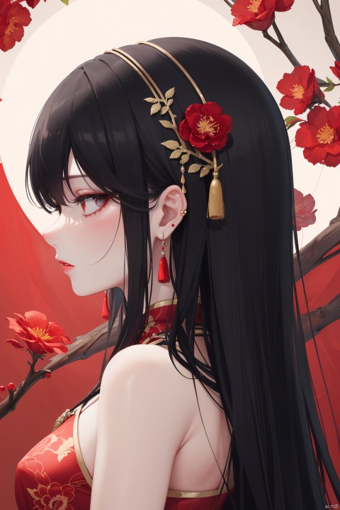  1girl, solo, long hair, black hair, hair ornament, jewelry, closed mouth, upper body, flower, earrings, blurry, from side, eyelashes, profile, makeup, red background, chinese clothes,  red flower, tassel, branch, red lips, tassel earrings, guoflinke