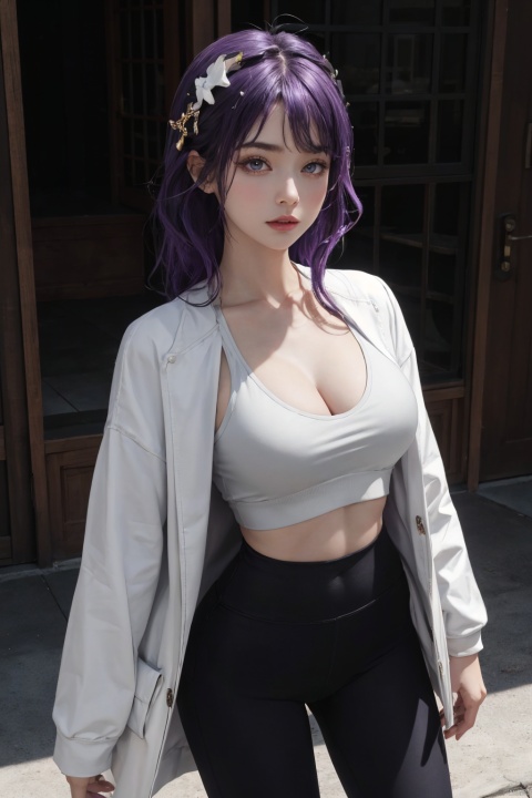1girl,solo,yoga pants,black yoga black, hair ornament,waistcoat,undershirt,surcoat,white surcoat,cowboy shot,purple hair, (cleavage),,,(from front),,,,,,,,,,,,,,,,, ray tracing, {best quality}, {{masterpiece}}, {highres}, original, extremely detailed 8K wallpaper, {an extremely delicate and beautiful}, , incredibly_absurdres, colorful, intricate detail,