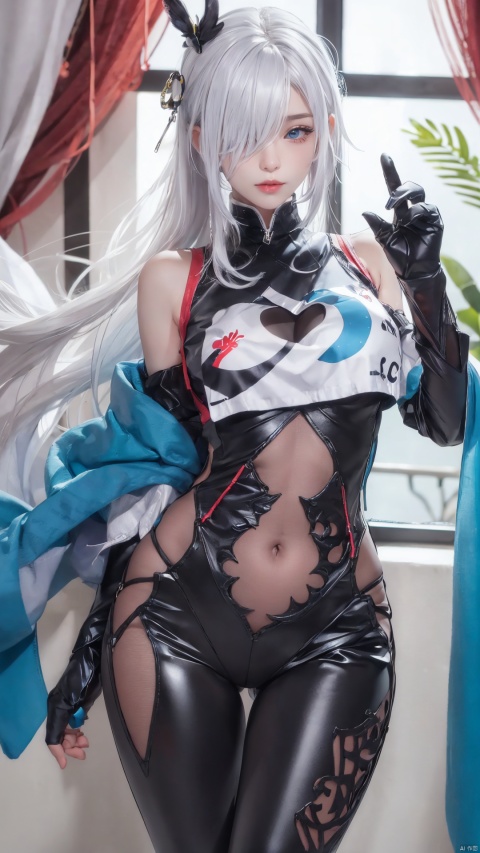 1girl,solo,long hair,breasts,looking at viewer,bangs,blue eyes,hair ornament,gloves,holding,white hair,black gloves,hair over one eye,cosplay,clothing cutout,bodysuit,partially fingerless gloves,black bodysuit,hip vent,breast curtain,stomach cutout