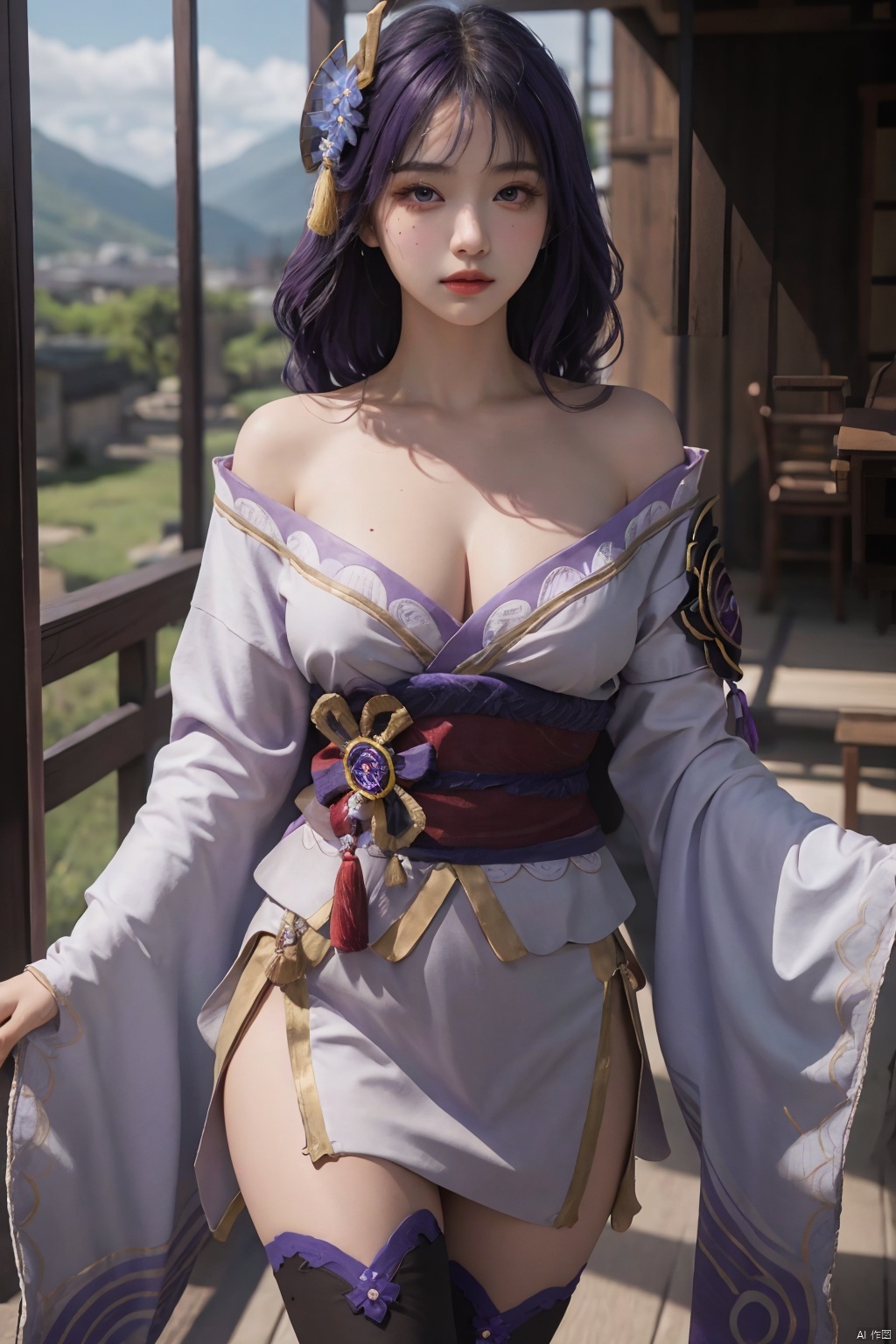  1girl, solo, long hair, breasts, looking at viewer, bangs, large breasts, hair ornament, thighhighs, long sleeves, ribbon, cleavage, closed mouth, purple eyes, purple hair, braid, flower, cowboy shot, japanese clothes, black thighhighs, indoors, hair flower, wide sleeves, kimono, mole, lips, sash, mole under eye, obi, tassel, purple flower, shrug \(clothing\), purple kimono, obijime, obiage, raiden shogun, raidenshogundef, Light master