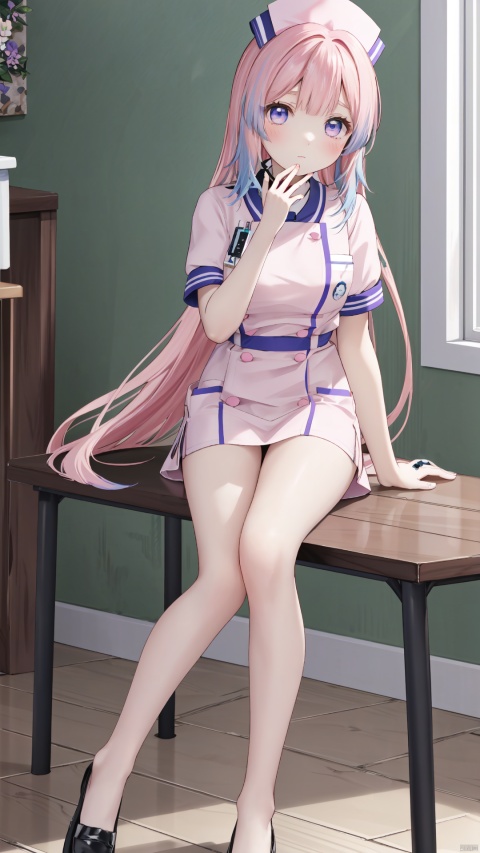  Masterpiece,CG,best,masterpiece,high definition display,1girl,solo, long hair,indoors,full body, lying, looking at viewer,Pink long hair,Hair tips are slightly blue,Beautiful purple eyes,
blush,lace,sssr,Anime,Nurse uniform,Standing sideways at the table,One hand behind you,Cover your mouth with one hand