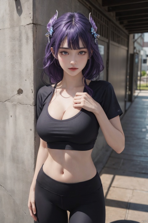  1girl,solo,yoga pants,black yoga pants, hair ornament,cowboy shot,purple hair, (cleavage),,grey T-shirt,(from front),,,,,navel,,,open bodysuit,,,,,,,,, ray tracing, {best quality}, {{masterpiece}}, {highres}, original, extremely detailed 8K wallpaper, {an extremely delicate and beautiful}, , incredibly_absurdres, colorful, intricate detail,T-shirt