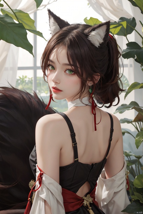 highly detail,beautiful detailed eyes, realistic,tight skn,skin texture,animal ears,green eyes,red eyeshadow, bangs,tassel, red ribbon,earrings,jewelry, bracelet, ponytail holder, tail,fur-tipped tail,brown hair, 1girl