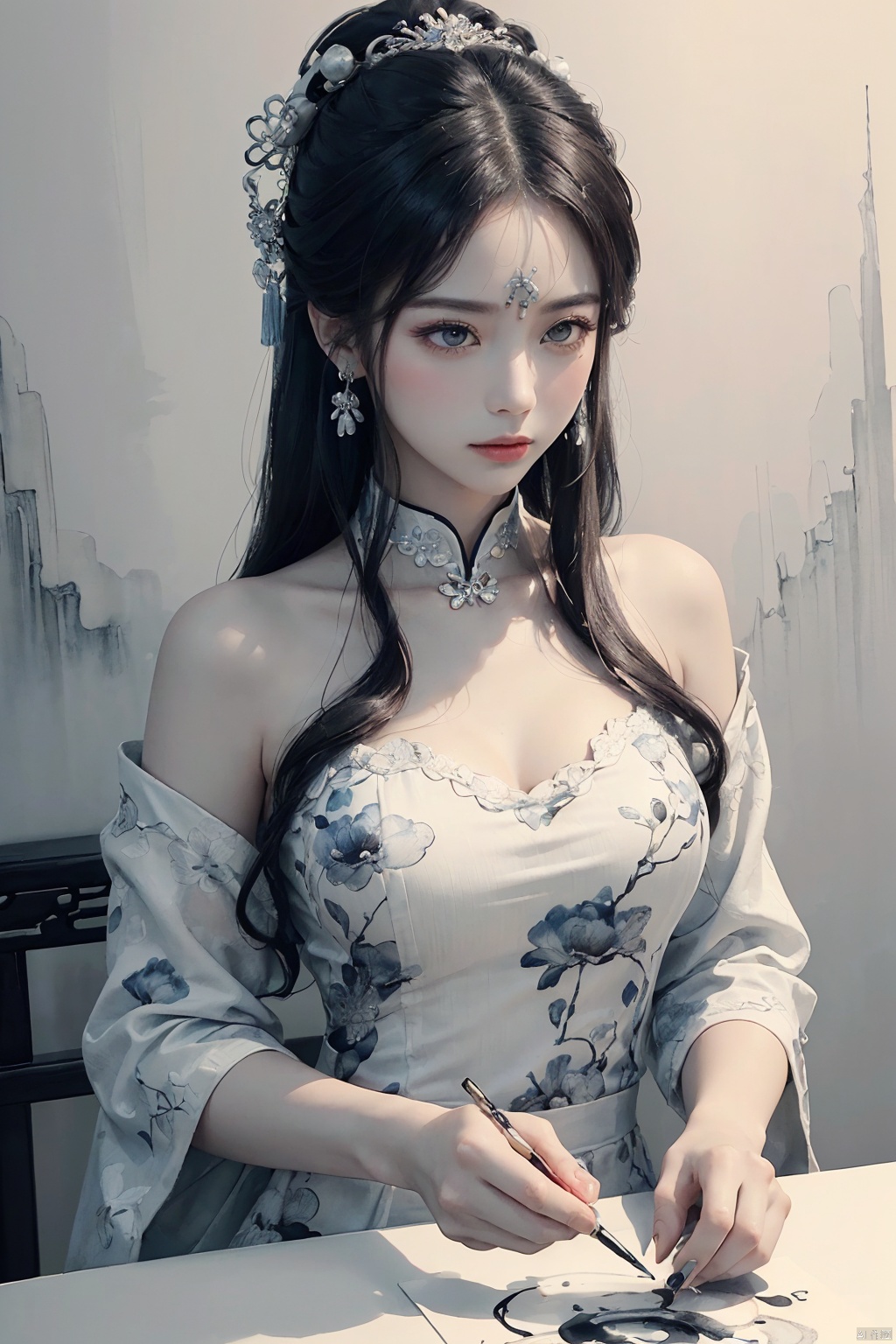  (an extremely delicate and beautiful),(((masterpiece))),((best quality)),1girl,((an extremely delicate and beautiful girl)),female focus on,((gorgeous hair_ornament)),{{beijing opera}},(Ink wash painting),(ink splashing),(chinese painting),((illustration)),(color splashing),beautiful detail,