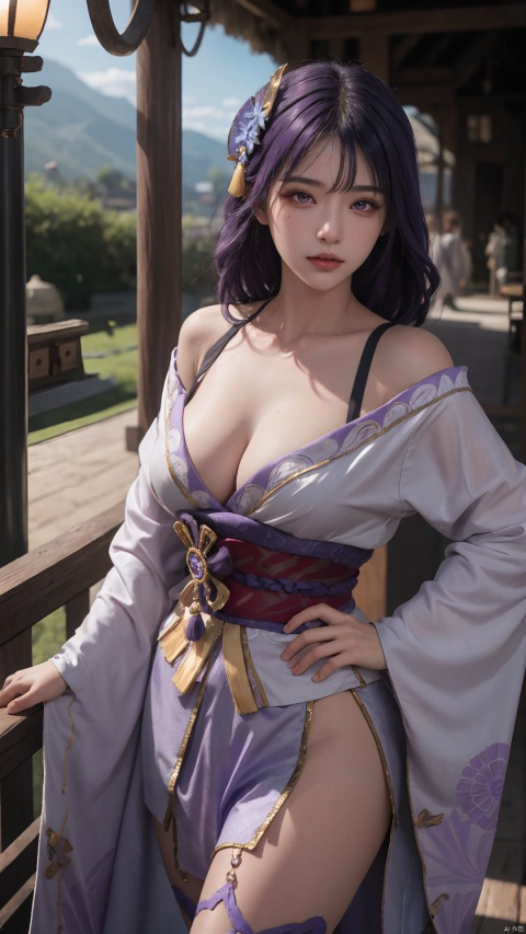  1girl, solo, long hair, breasts, looking at viewer, bangs, large breasts, hair ornament, thighhighs, long sleeves, ribbon, cleavage, closed mouth, purple eyes, purple hair, braid, flower, cowboy shot, japanese clothes, black thighhighs, indoors, hair flower, wide sleeves, kimono, mole, lips, sash, mole under eye, obi, tassel, purple flower, shrug \(clothing\), purple kimono, obijime, obiage, raiden shogun, raidenshogundef,,,,,,,,,,,,,sexy,ray tracing,{best quality}, {{masterpiece}}, {highres}, original, extremely detailed 8K wallpaper, {an extremely delicate and beautiful},,incredibly_absurdres,colorful,intricate detail,backlight,lens flare,foreshortening,dynamic angle,high saturation,, Light master