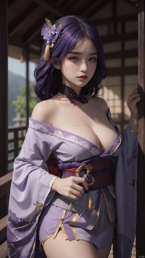  1girl, solo, long hair, breasts, looking at viewer, bangs, large breasts, hair ornament, thighhighs, long sleeves, ribbon, cleavage, closed mouth, purple eyes, purple hair, braid, flower, cowboy shot, japanese clothes, black thighhighs, indoors, hair flower, wide sleeves, kimono, mole, lips, sash, mole under eye, obi, tassel, purple flower, shrug \(clothing\), purple kimono, obijime, obiage, raiden shogun, raidenshogundef,,,,,,,,,,,,,sexy,ray tracing,{best quality}, {{masterpiece}}, {highres}, original, extremely detailed 8K wallpaper, {an extremely delicate and beautiful},,incredibly_absurdres,colorful,intricate detail,backlight,lens flare,foreshortening,dynamic angle,high saturation,, Light master