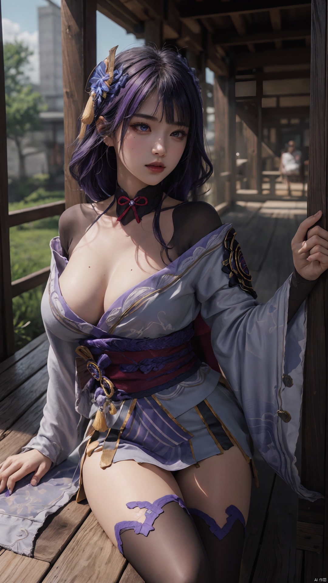  1girl,(cleavage), solo, long hair, breasts, looking at viewer, bangs, large breasts, hair ornament, thighhighs, long sleeves, ribbon, cleavage, closed mouth, purple eyes, purple hair, braid, flower, japanese clothes, black thighhighs, indoors, hair flower, wide sleeves, kimono, mole, lips, sash, mole under eye, obi, tassel, purple flower, shrug \(clothing\), purple kimono, obijime, obiage, raiden shogun, raidenshogundef,,,,,,,,,,,,,sexy,ray tracing,{best quality}, {{masterpiece}}, {highres}, original, extremely detailed 8K wallpaper, {an extremely delicate and beautiful},,incredibly_absurdres,colorful,intricate detail,backlight,lens flare,foreshortening,dynamic angle,high saturation,, Light master,