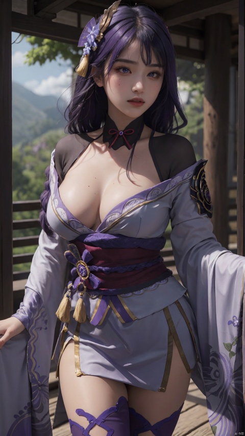  1girl, solo, long hair, breasts, looking at viewer, bangs, large breasts, hair ornament, thighhighs, long sleeves, ribbon, cleavage, closed mouth, purple eyes, purple hair, braid, flower, cowboy shot, japanese clothes, black thighhighs, indoors, hair flower, wide sleeves, kimono, mole, lips, sash, mole under eye, obi, tassel, purple flower, shrug \(clothing\), purple kimono, obijime, obiage, raiden shogun, raidenshogundef, Light master