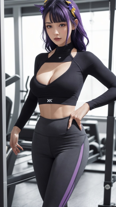  1girl,solo,yoga pants,black yoga pants, hair ornament,cowboy shot,purple hair, (cleavage),,(from front),,,,,navel,,,,gym,,corset,,,Fitness Room,,,,,,,,,,,,,,,,,,,,,,,, ray tracing, {best quality}, {{masterpiece}}, {highres}, original, extremely detailed 8K wallpaper, {an extremely delicate and beautiful}, , incredibly_absurdres, colorful, intricate detail,