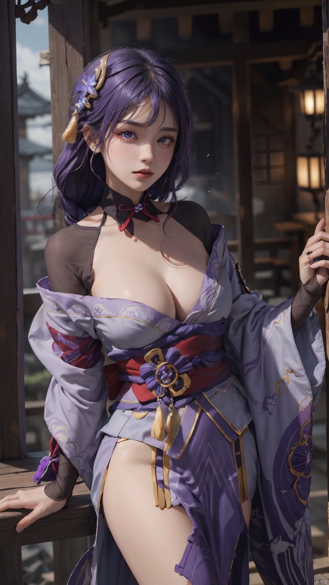  1girl,(cleavage), solo, long hair, breasts, looking at viewer, bangs, large breasts, hair ornament, thighhighs, long sleeves, ribbon, cleavage, closed mouth, purple eyes, purple hair, braid, flower, cowboy shot, japanese clothes, black thighhighs, indoors, hair flower, wide sleeves, kimono, mole, lips, sash, mole under eye, obi, tassel, purple flower, shrug \(clothing\), purple kimono, obijime, obiage, raiden shogun, raidenshogundef,,,,,,,,,,,,,sexy,ray tracing,{best quality}, {{masterpiece}}, {highres}, original, extremely detailed 8K wallpaper, {an extremely delicate and beautiful},,incredibly_absurdres,colorful,intricate detail,backlight,lens flare,foreshortening,dynamic angle,high saturation,, Light master