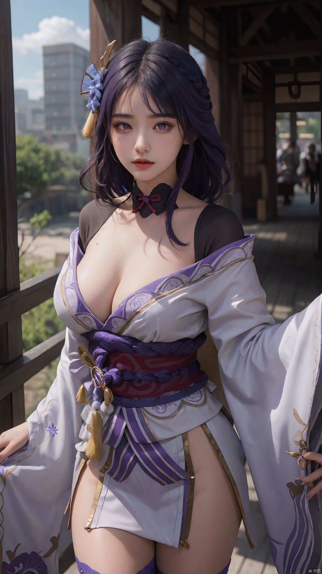  1girl, solo, long hair, breasts, looking at viewer, bangs, large breasts, hair ornament, thighhighs, long sleeves, ribbon, cleavage, closed mouth, purple eyes, purple hair, braid, flower, cowboy shot, japanese clothes, black thighhighs, indoors, hair flower, wide sleeves, kimono, mole, lips, sash, mole under eye, obi, tassel, purple flower, shrug \(clothing\), purple kimono, obijime, obiage, raiden shogun, raidenshogundef, Light master