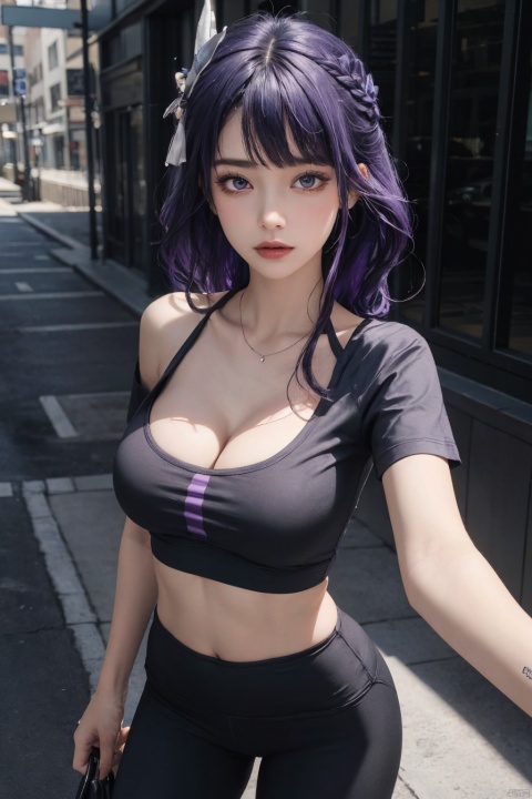  1girl,solo,yoga pants,black yoga pants, hair ornament,cowboy shot,purple hair, (cleavage),,grey T-shirt,(from front),,bare shoulder,,,navel,,,open bodysuit,,,,,,,,, ray tracing, {best quality}, {{masterpiece}}, {highres}, original, extremely detailed 8K wallpaper, {an extremely delicate and beautiful}, , incredibly_absurdres, colorful, intricate detail,T-shirt