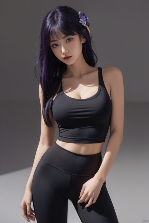  1girl,solo,yoga pants,black yoga pants, hair ornament,cowboy shot,purple hair, (cleavage),,black T-shirt,(from front),,bare shoulder,,,,,,,,,,,,,,, ray tracing, {best quality}, {{masterpiece}}, {highres}, original, extremely detailed 8K wallpaper, {an extremely delicate and beautiful}, , incredibly_absurdres, colorful, intricate detail,T-shirt