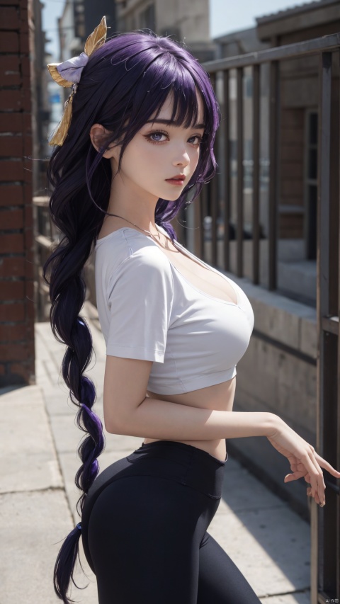  1girl,solo,yoga pants,black yoga pants, hair ornament,cowboy shot,purple hair, (cleavage),,T-shirt,(from front),,,,,navel,,,open bodysuit,,,,,,,,, ray tracing, {best quality}, {{masterpiece}}, {highres}, original, extremely detailed 8K wallpaper, {an extremely delicate and beautiful}, , incredibly_absurdres, colorful, intricate detail,