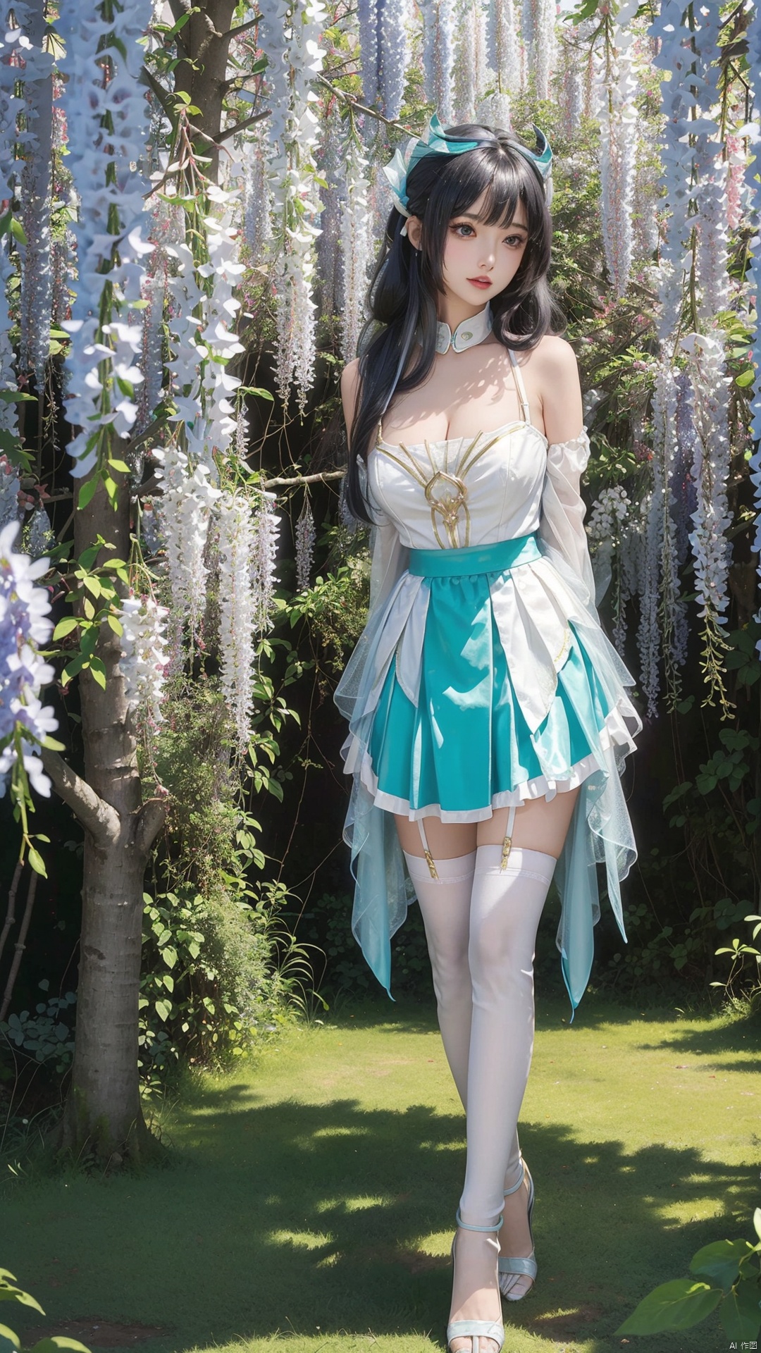  (tree: 1.2), (1girl: 1.2), (nature: 1.1), (long_hair), (forest), outdoors, black_hair, solo, bush, standing, day, blue_skirt, dappled_sunlight, grass, jewelry, water, skirt, sunlight, leg_up, bare_tree, wisteria, very_long_hair, tree_shade, bangs, walking, ribbon, garden, a girl,white stockings,dress,(hidden hands),(arms behind back),(strappy heels),cleavage,huge brrasts,