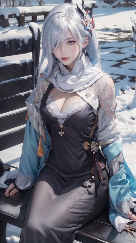  1girl,solo, head ornament, , , , , , masterpiece, best quality, official art, extremely detailed CG unity 8k wallpaper, Light and shadow special effects, shadow, Flowing light and shadow, falling_snow, snowing, shawl, white shawl, cleavage,,,,,,,,,,,,,,,,,,1girl,solo,long hair,breasts,looking at viewer,blue eyes,hair ornament,gloves,long sleeves,dress,sitting,white hair,parted lips,alternate costume,hair over one eye,lips,realistic,bench,grey dress,shenhe\(genshin impact\)
