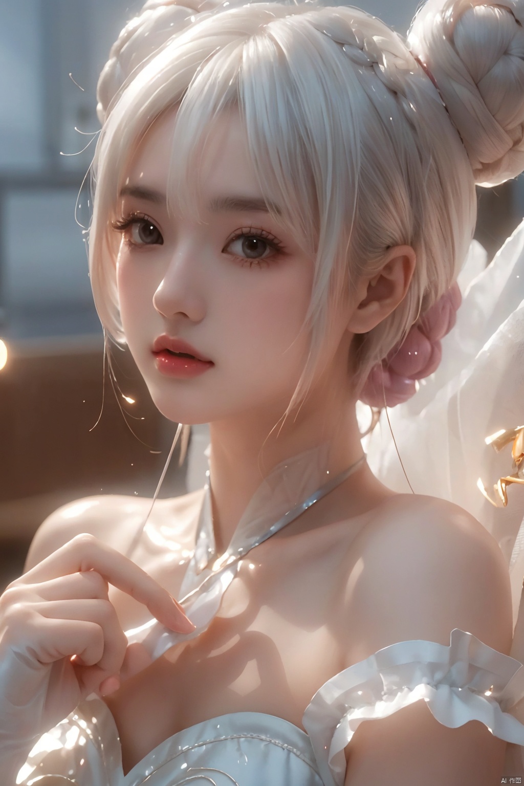  1girl,solo,hair bun, double_bun,stand,head ornament,white hair,(white stockings:1.2),close-up shot,,,,,Dynamic hair, clearly visible hair filaments, ,,,,,,,,,,,,,,,,ray tracing,{best quality}, {{masterpiece}}, {highres}, original, extremely detailed 8K wallpaper, {an extremely delicate and beautiful},,,,,,,,,,,,,,,,,,,,,,,,,,,,, diaochan,diaochan_meiling, Light master, , , , , , , , , , , , a girl,dress