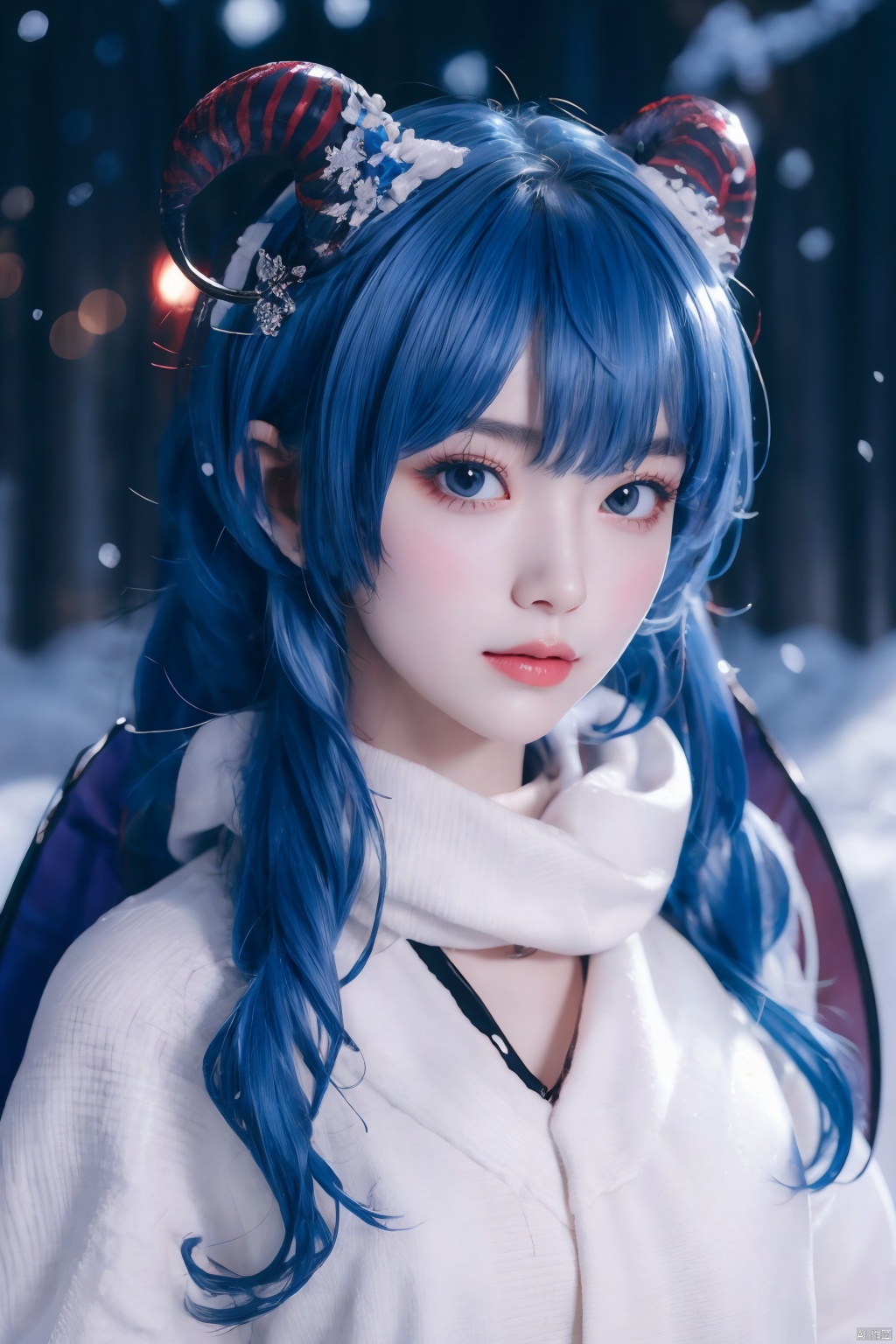  1girl,,head ornament,,,,,,,wings,horns,blue hair,,bangs,,,,,,ray tracing,{best quality}, {{masterpiece}}, {highres}, original, extremely detailed 8K wallpaper, {an extremely delicate and beautiful},,incredibly_absurdres,colorful,intricate detail,,,,,,,,,,,,,,snowflakes,falling_snow,snowing,shawl,white shawl,,,,,,,,,,,,,,, ,, , meimo,ganyu