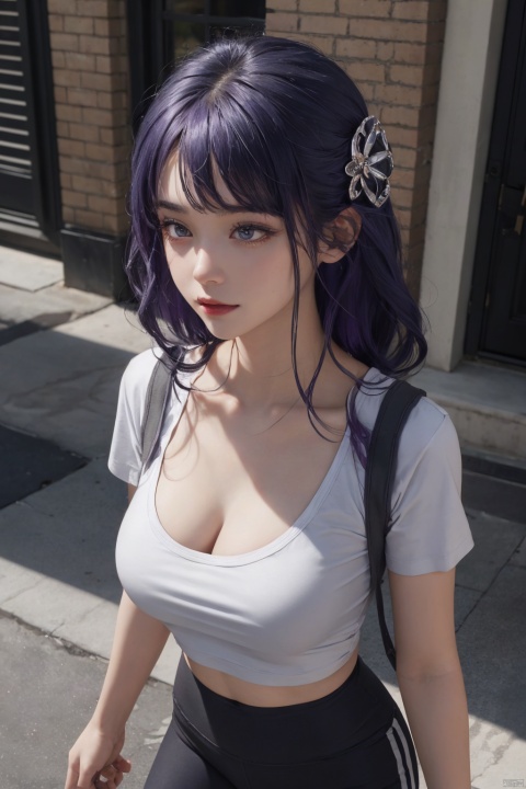  1girl,solo,yoga pants,black yoga black, hair ornament,waistcoat,undershirt,cowboy shot,purple hair, (cleavage),,white T-shirt,(from front),,,,,,,,,,,,,,,,, ray tracing, {best quality}, {{masterpiece}}, {highres}, original, extremely detailed 8K wallpaper, {an extremely delicate and beautiful}, , incredibly_absurdres, colorful, intricate detail,T-shirt