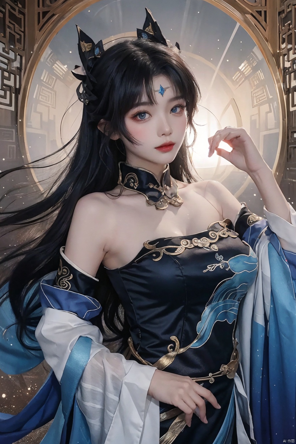 1girl,shiny,half body,{{{{{art nouveau}}}}},sunlight,dangerous atmosphere,dynamic pose,cataclysmic,child girl,darkblue wavy long hair,bare shoulder,dynamic pose,{{{famous artist}},light particles,chinese girl,chinese clothes,china dress,female focus on,{{{chinese painting}}},{{{Ink wash painting}}},{ink splashing},glass tint,zoom in on eyes,{{reflective eyes}},water eyes,big kawii eye
