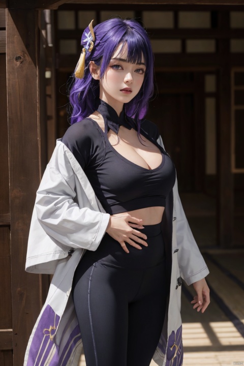 1girl,solo,yoga pants,black yoga black, hair ornament,waistcoat,undershirt,surcoat,white surcoat,cowboy shot,purple hair, (cleavage), raidenshogundef