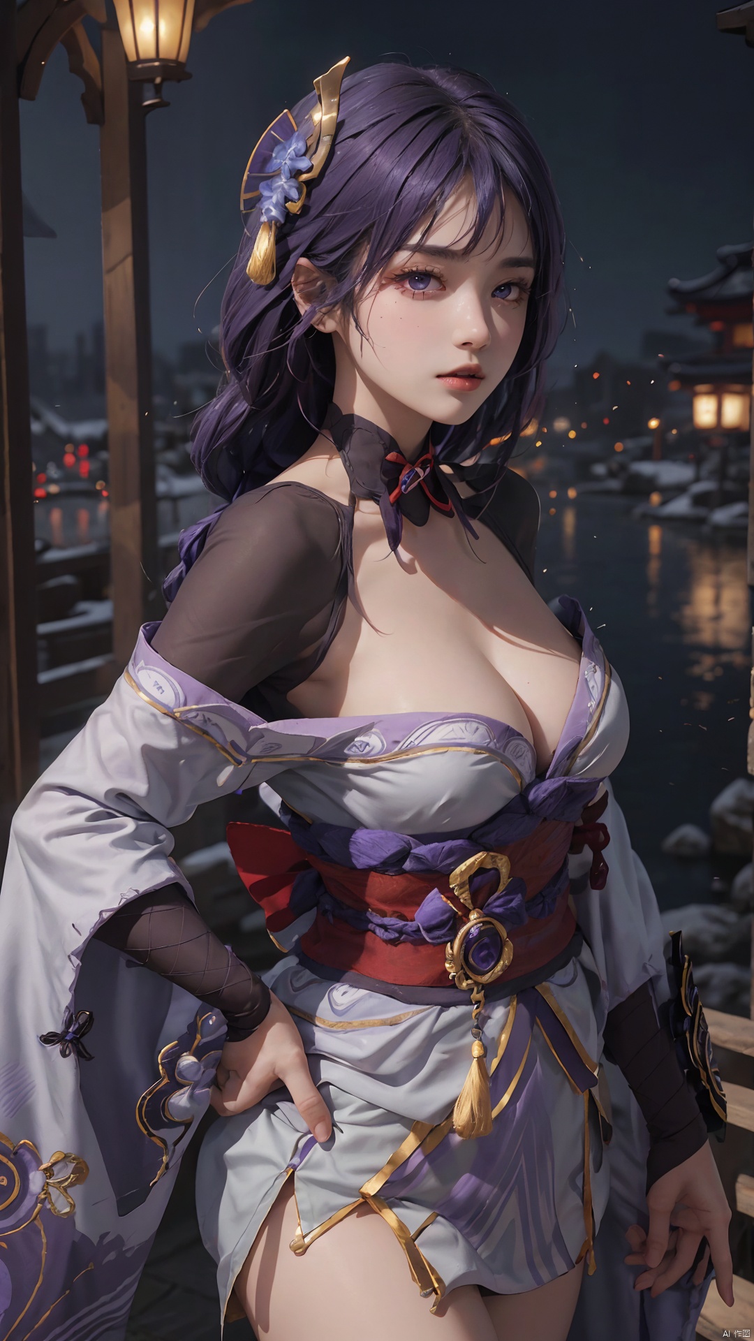  1girl,(cleavage), solo, long hair, breasts, looking at viewer, bangs, large breasts, hair ornament, thighhighs, long sleeves, ribbon, cleavage, closed mouth, purple eyes, purple hair, braid, flower, japanese clothes, black thighhighs, indoors, hair flower, wide sleeves, kimono, mole, lips, sash, mole under eye, obi, tassel, purple flower, shrug \(clothing\), purple kimono, obijime, obiage, raiden shogun, raidenshogundef,,,,,,,,,,,,,sexy,ray tracing,{best quality}, {{masterpiece}}, {highres}, original, extremely detailed 8K wallpaper, {an extremely delicate and beautiful},,incredibly_absurdres,colorful,intricate detail,backlight,lens flare,foreshortening,dynamic angle,high saturation,, Light master