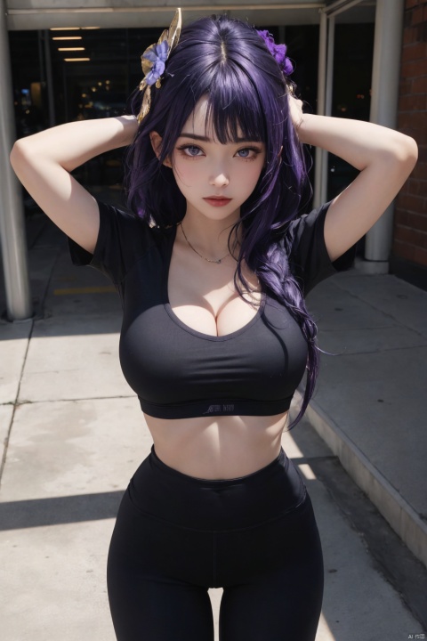  1girl,solo,yoga pants,black yoga pants, hair ornament,cowboy shot,purple hair, (cleavage),,T-shirt,(from front),,,,,navel,,,open bodysuit,,,,,,,,, ray tracing, {best quality}, {{masterpiece}}, {highres}, original, extremely detailed 8K wallpaper, {an extremely delicate and beautiful}, , incredibly_absurdres, colorful, intricate detail,