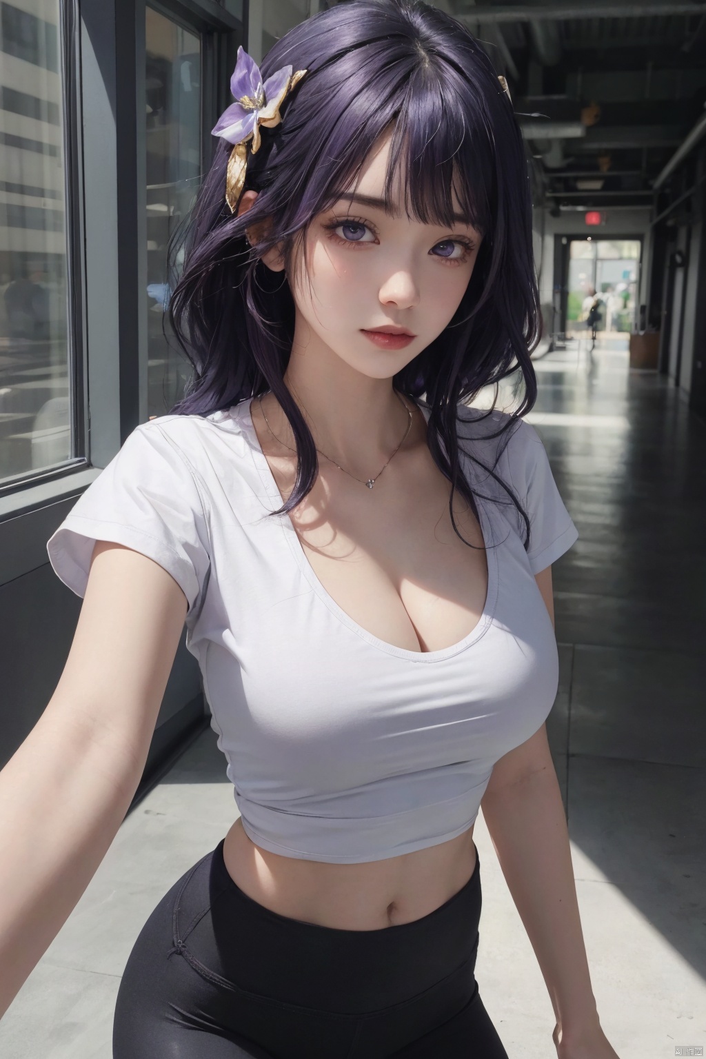  1girl,solo,yoga pants,black yoga black, hair ornament,waistcoat,undershirt,cowboy shot,purple hair, (cleavage),,white T-shirt,(from front),,,,,,,,,,,,,,,,, ray tracing, {best quality}, {{masterpiece}}, {highres}, original, extremely detailed 8K wallpaper, {an extremely delicate and beautiful}, , incredibly_absurdres, colorful, intricate detail,T-shirt