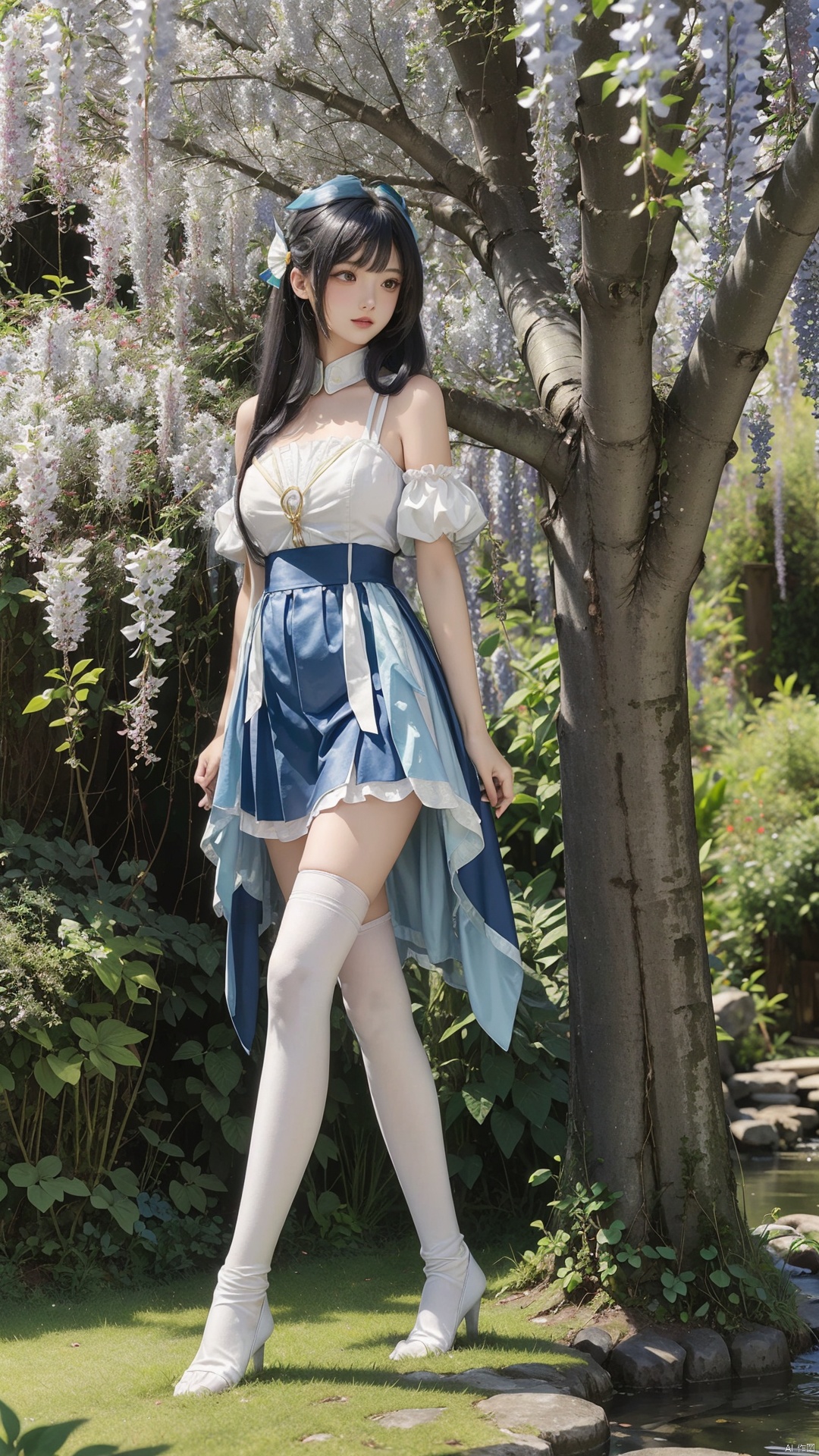  (tree: 1.2), (1girl: 1.2), (nature: 1.1), (long_hair), (forest), outdoors, black_hair, solo, bush, standing, day, blue_skirt, dappled_sunlight, grass, jewelry, water, skirt, sunlight, leg_up, bare_tree, wisteria, very_long_hair, tree_shade, bangs, walking, ribbon, garden, a girl,white stockings,dress,(hidden hands),(arms behind back),