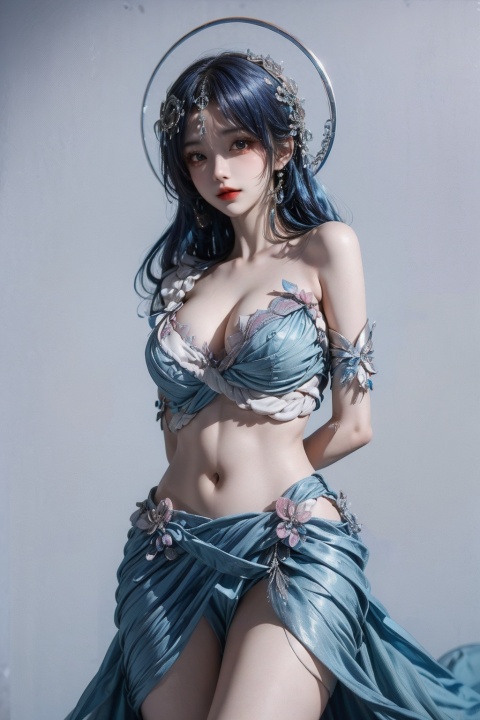  beautiful girl,breasts, girl, dress, body(blue hair,thighs,arms behind back:1.2)depth_of_field, blurry_background,large breasts,glint, 1girl, wanying
