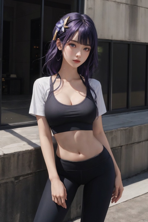  1girl,solo,yoga pants,black yoga pants, hair ornament,cowboy shot,purple hair, (cleavage),,T-shirt,(from front),,,,,navel,,,open bodysuit,,,,,,,,, ray tracing, {best quality}, {{masterpiece}}, {highres}, original, extremely detailed 8K wallpaper, {an extremely delicate and beautiful}, , incredibly_absurdres, colorful, intricate detail,