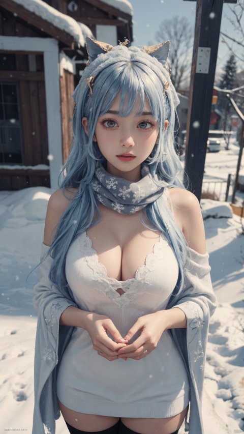 1girl,,head ornament,black stockings,,,,,,,ray tracing,{best quality}, {{masterpiece}}, {highres}, original, extremely detailed 8K wallpaper, {an extremely delicate and beautiful},,incredibly_absurdres,colorful,intricate detail,,,,,,,,,,,,,,snowflakes,falling_snow,snowing,shawl,white shawl,cleavage, ,,,,,,,,,,,,,, , , , 