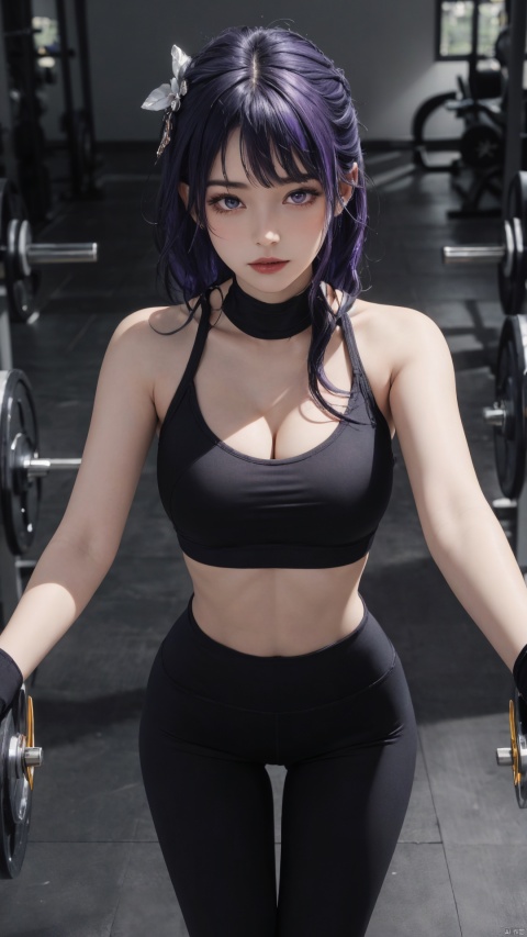  1girl,solo,yoga pants,black yoga pants, hair ornament,cowboy shot,purple hair, (cleavage),,(from front),,,,,navel,,,open bodysuit,,gym,,corset,,,Fitness Room,,,,,,,,,,,,,,,,,,,,,,,, ray tracing, {best quality}, {{masterpiece}}, {highres}, original, extremely detailed 8K wallpaper, {an extremely delicate and beautiful}, , incredibly_absurdres, colorful, intricate detail,