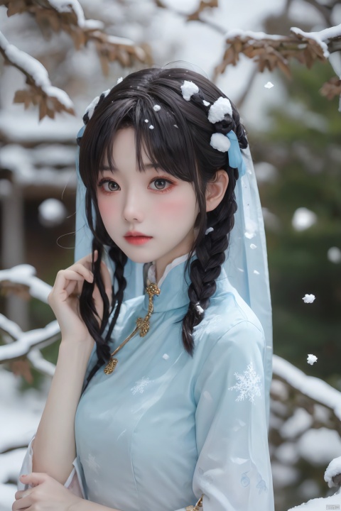  1girl,,head ornament,,,,,,,,,,,,,,,,,,ray tracing,{best quality}, {{masterpiece}}, {highres}, original, extremely detailed 8K wallpaper, {an extremely delicate and beautiful},,incredibly_absurdres,colorful,intricate detail,,,,,,,,,,,,,,snowflakes,falling_snow,snowing,shawl,white shawl,,,,,,,,,,,,,,, ,, , meimo,ganyu, a girl,dress